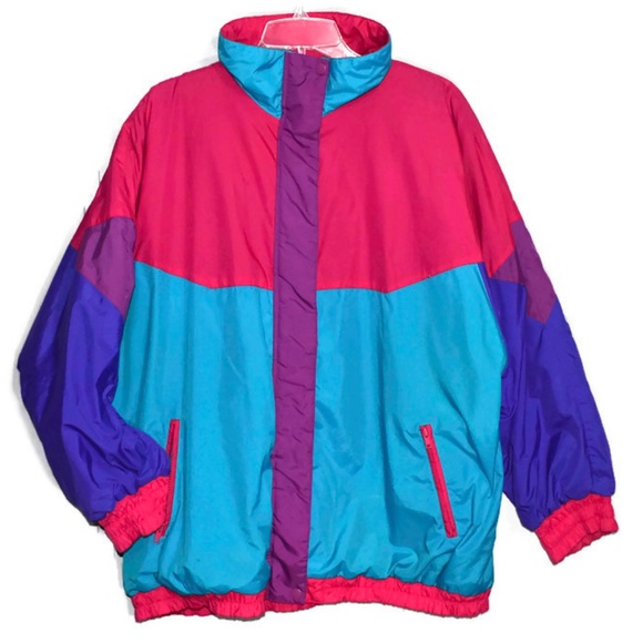 Vintage Jackets & Blazers - VTG 80s 90s Neon Colorblock Windbreaker Fleece M/L